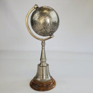 Vintage Chrome Globe Metal on Stand Wooden Base Home Office Art Deco 11'' Tall